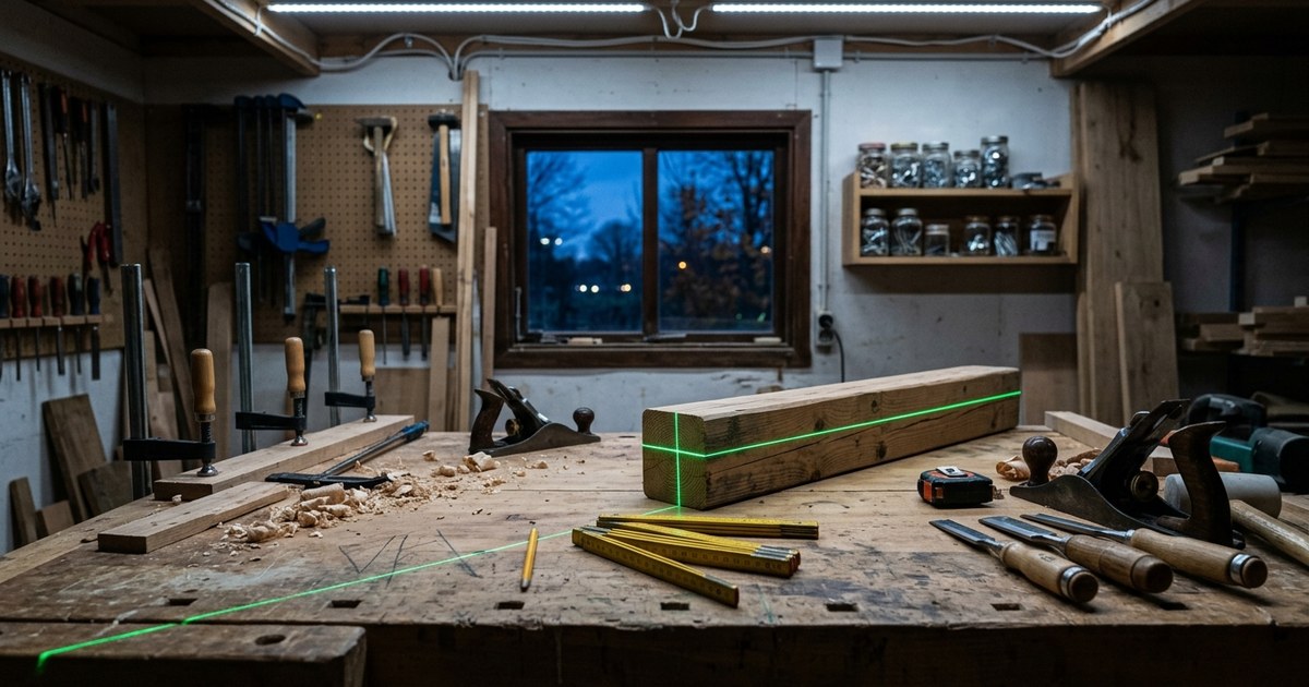 Groene laserlijn ligt scherp over een houten werkbank in een werkplaats die alleen door ledverlichting wordt verlicht