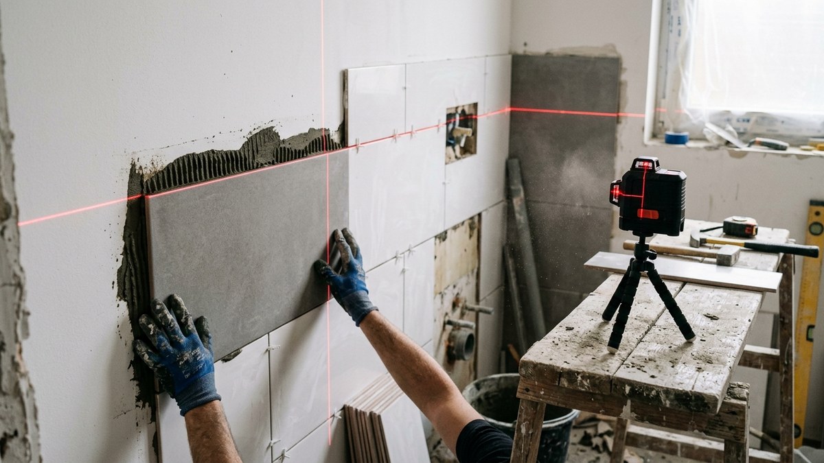 Kruislaser op een statiefje projecteert een rood kruis op een half betegelde badkamermuur terwijl een tegelzetter een grijze tegel uitlijnt
