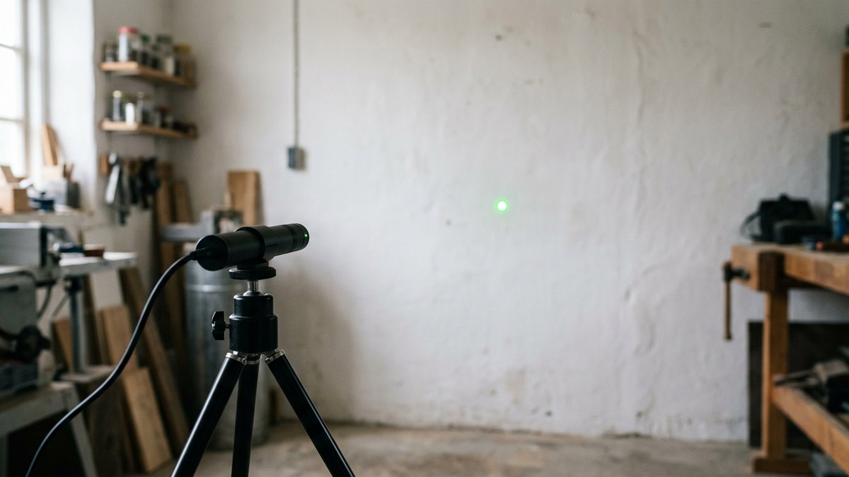 Rode laserstip op een millimeterschaal op een witte wand, met een 230V-lasermodule op een statief op de voorgrond