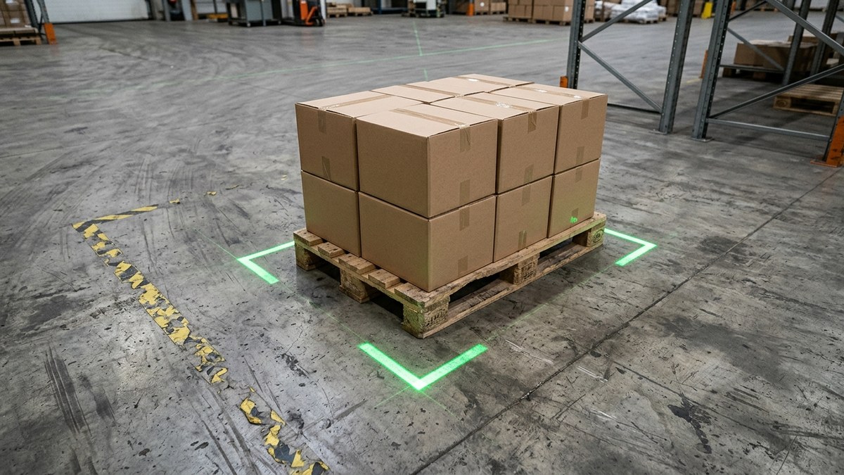 Groene laserlijn markeert de hoekpunten van een palletplaats op een betonnen magazijnvloer naast een pallet met dozen