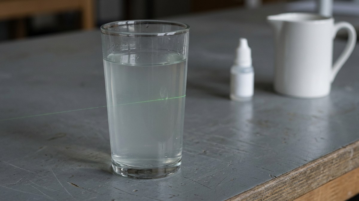 Laserbundel loopt als dunne streep door een maatbeker water met een paar druppels melk op een tafel in een klaslokaal