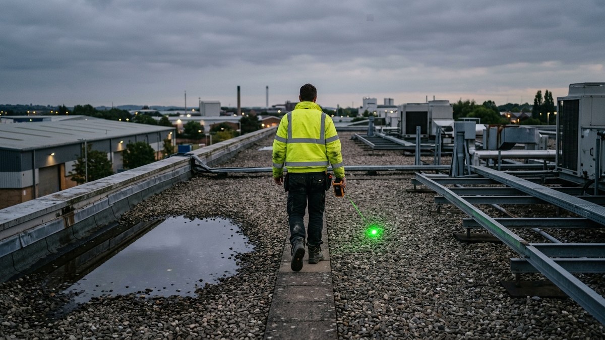 Technicus loopt aan het eind van de dag een ronde over een plat bedrijfsdak langs de dakopstanden