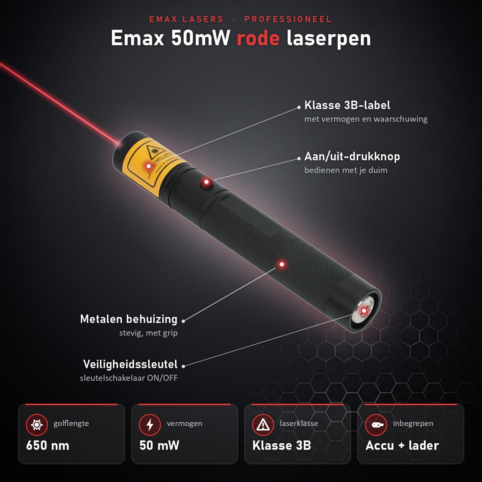 Infographic 50 mW rode laserpointer: onderdelen en specificaties