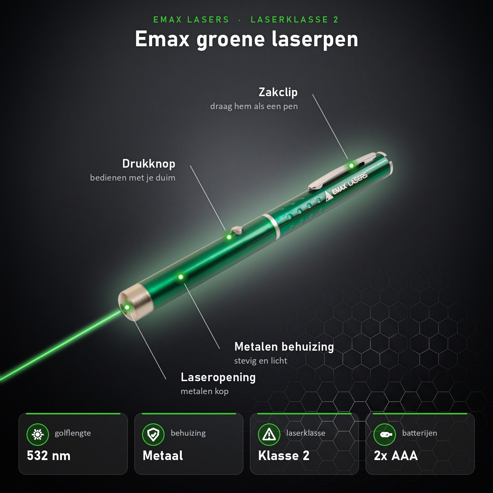 Infographic Emax groene laserpen: onderdelen en specificaties