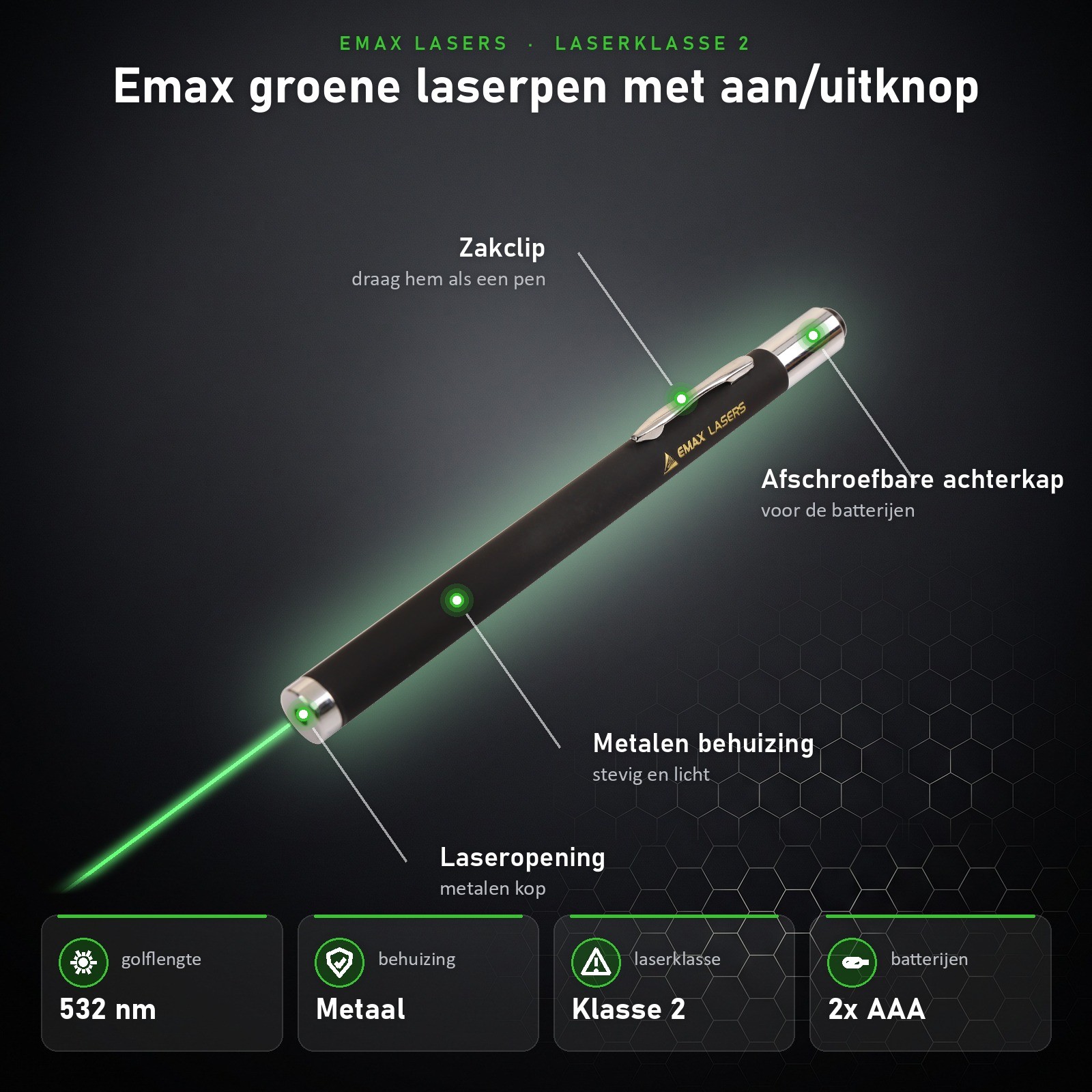 Infographic Emax groene laserpen met aan/uitknop: onderdelen en specificaties