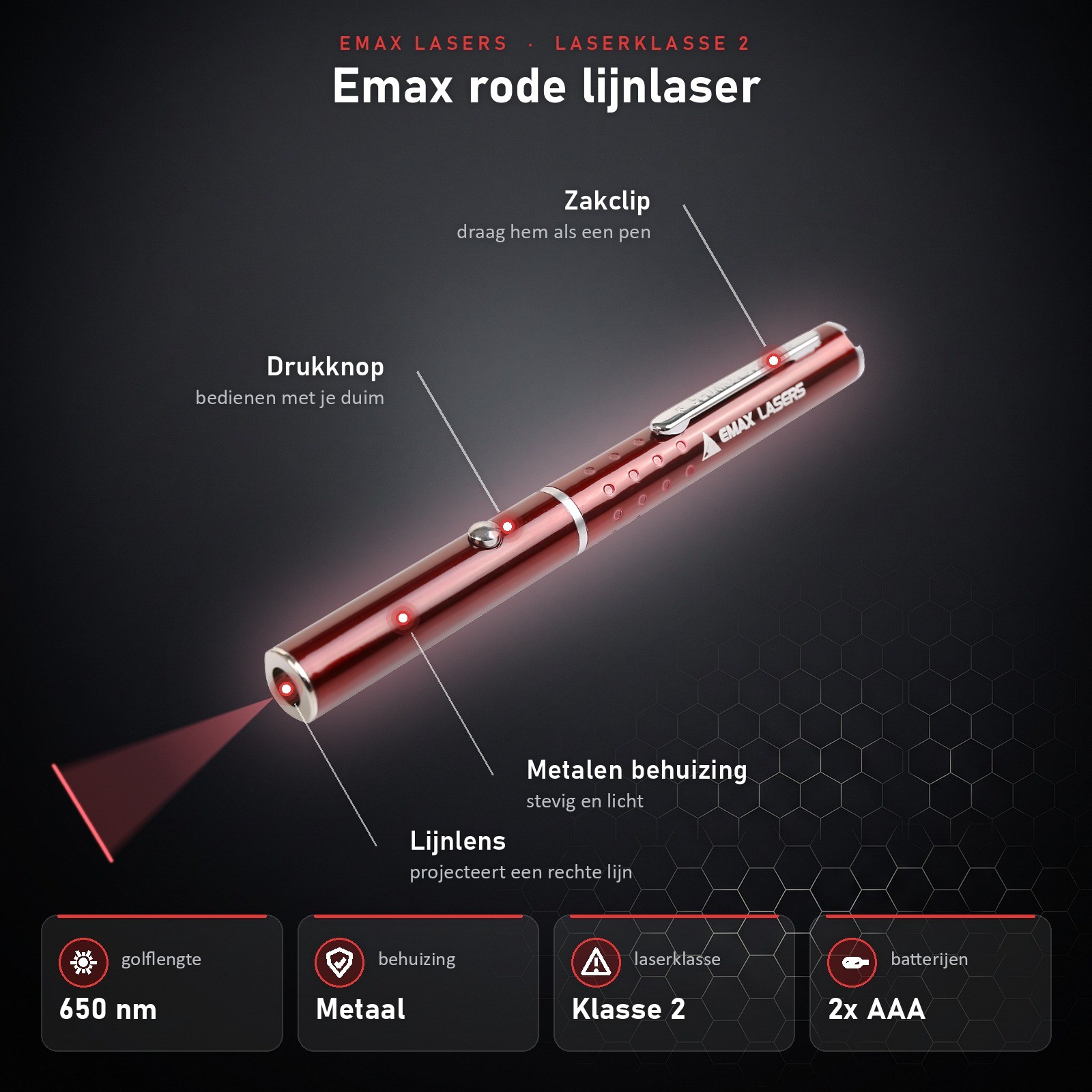Infographic Emax rode lijnlaser: onderdelen en specificaties